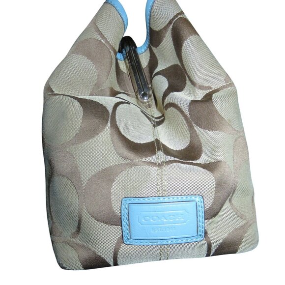 Coach 2009 Cursive Creed Khaki & Blue Jacquard Frame Kisslock Carryall Satchel - Picture 3 of 12